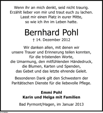 Traueranzeige von Bernhard Pohl von Deister- und Weserzeitung