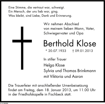 Traueranzeige von Berthold Klose von Deister- und Weserzeitung