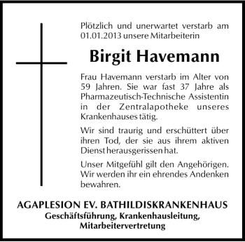 Traueranzeige von Birgit Havemann von Deister- und Weserzeitung
