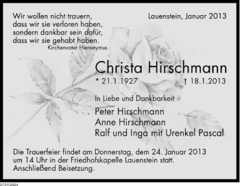Traueranzeige von Christa Hirschmann von Deister- und Weserzeitung