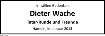 Traueranzeige von Dieter Wache von Deister- und Weserzeitung