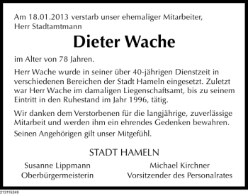 Traueranzeige von Dieter Wache von Deister- und Weserzeitung