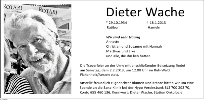  Traueranzeige für Dieter Wache vom 26.01.2013 aus Deister- und Weserzeitung