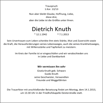 Traueranzeige von Dietrich Knuth von Deister- und Weserzeitung