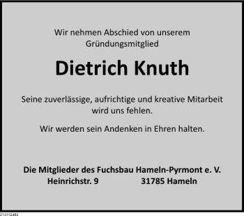 Traueranzeige von Dietrich Knuth (Fuchsbau e.V.) von Deister- und Weserzeitung