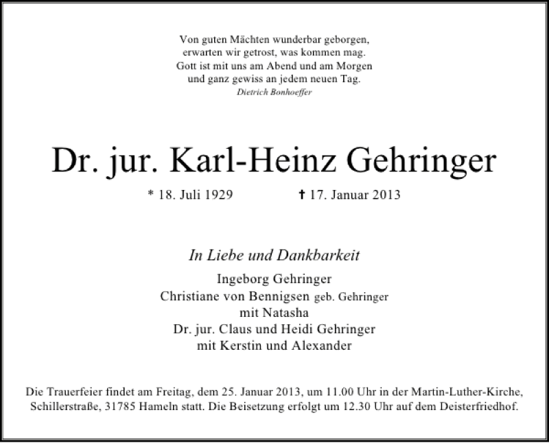  Traueranzeige für Dr. jur. Karl-Heinz Gehringer vom 19.01.2013 aus Deister- und Weserzeitung