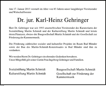 Traueranzeige von Dr. jur. Karl-Heinz Gehringer von Deister- und Weserzeitung