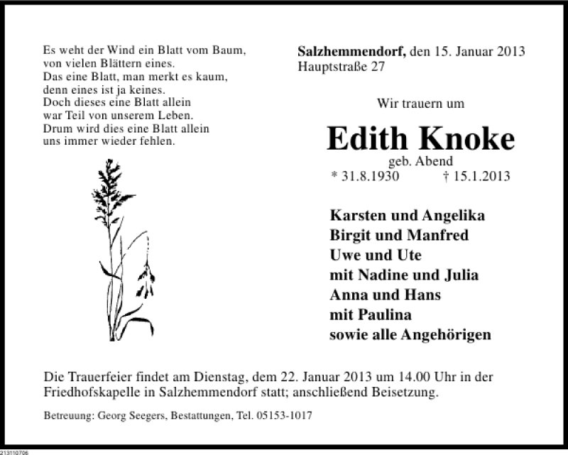  Traueranzeige für Edith Knoke vom 19.01.2013 aus Deister- und Weserzeitung