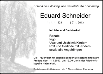 Traueranzeige von Eduard Schneider von Deister- und Weserzeitung