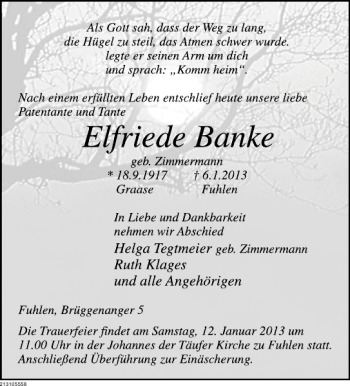 Traueranzeige von Elfriede Banke von Deister- und Weserzeitung