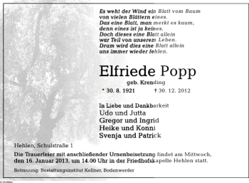Traueranzeige von Elfriede Popp von Deister- und Weserzeitung