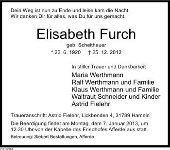 Traueranzeige von Elisabeth Furch von Deister- und Weserzeitung