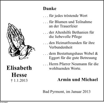 Traueranzeige von Elisabeth Hesse von Deister- und Weserzeitung