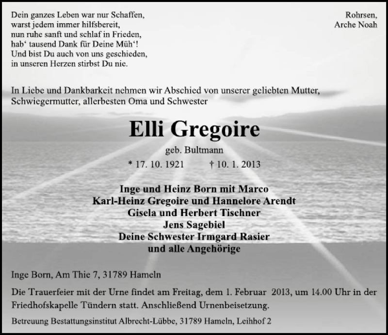  Traueranzeige für Elli Gregoire vom 12.01.2013 aus Deister- und Weserzeitung