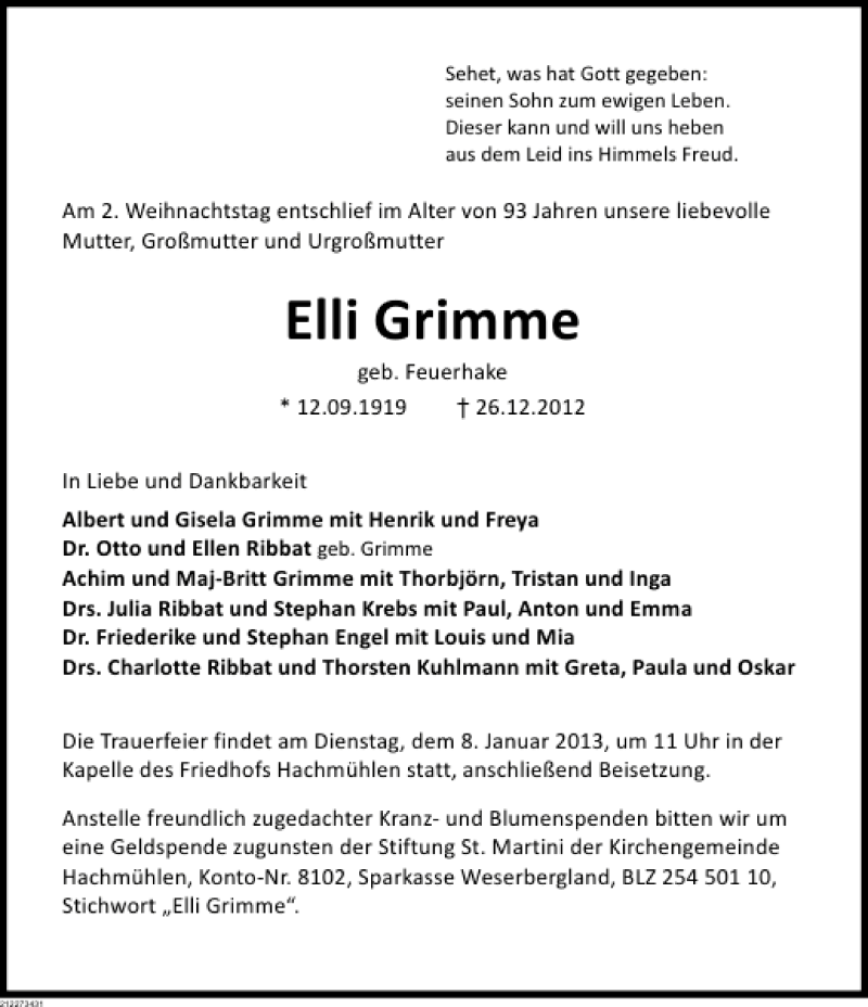  Traueranzeige für Elli Grimme vom 02.01.2013 aus Deister- und Weserzeitung