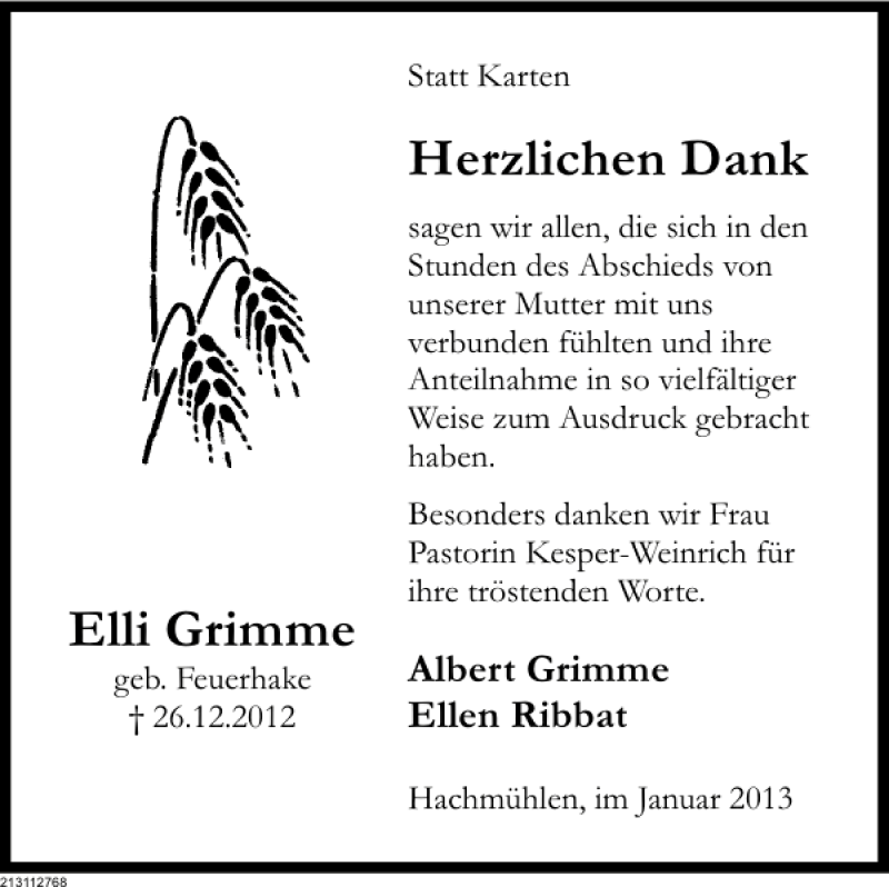  Traueranzeige für Elli Grimme vom 26.01.2013 aus Deister- und Weserzeitung