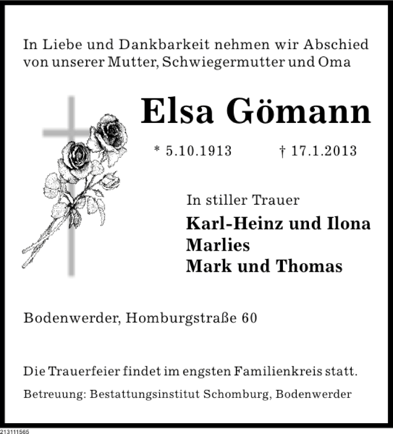  Traueranzeige für Elsa Göhmann vom 19.01.2013 aus Deister- und Weserzeitung