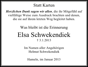 Traueranzeige von Elsa Schwekendiek von Deister- und Weserzeitung
