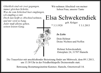 Traueranzeige von Elsa Schwekendiek von Deister- und Weserzeitung