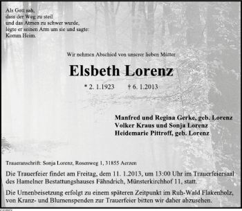 Traueranzeige von Elsbeth Lorenz von Deister- und Weserzeitung