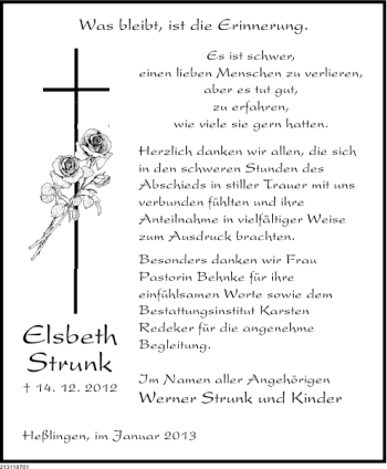 Traueranzeige von Elsbeth Strunk von Deister- und Weserzeitung