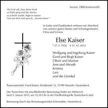 Traueranzeige von Else Kaiser von Deister- und Weserzeitung