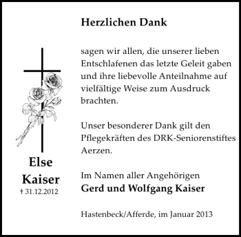 Traueranzeige von Else Kaiser von Deister- und Weserzeitung