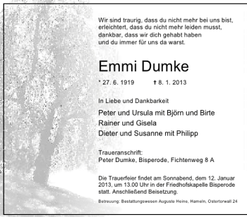 Traueranzeige von Emmi Dumke von Deister- und Weserzeitung