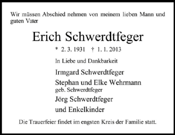 Traueranzeige von Erich Schwerdtfeger von Deister- und Weserzeitung