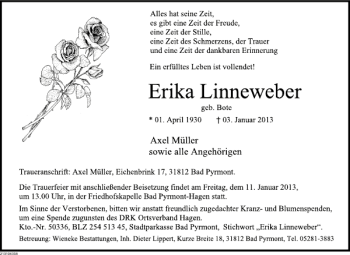 Traueranzeige von Erika Linneweber von Deister- und Weserzeitung