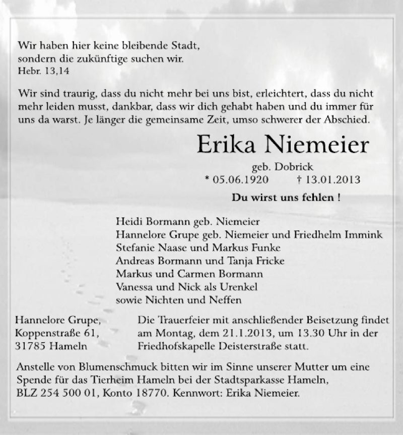  Traueranzeige für Erika Niemeier vom 17.01.2013 aus Deister- und Weserzeitung