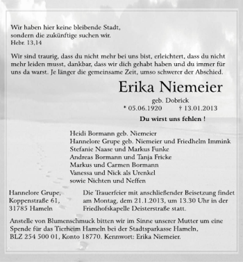 Traueranzeige von Erika Niemeier von Deister- und Weserzeitung