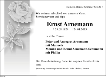 Traueranzeige von Ernst Arnemann von Deister- und Weserzeitung