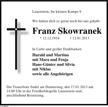 Traueranzeige von Franz Skowranek von Deister- und Weserzeitung