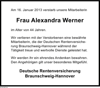 Traueranzeige von Frau Alexandra Werner von Deister- und Weserzeitung