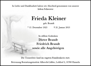 Traueranzeige von Frieda Kleiner von Deister- und Weserzeitung