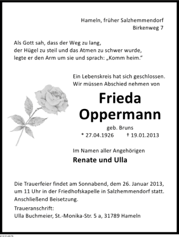 Traueranzeige von Frieda Oppermann von Deister- und Weserzeitung