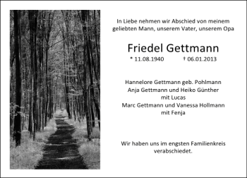 Traueranzeige von Friedel Gettmann von Deister- und Weserzeitung