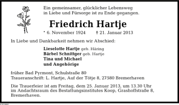 Traueranzeige von Friedrich Hartje von Deister- und Weserzeitung