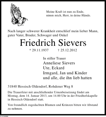 Traueranzeige von Friedrich Sievers von Deister- und Weserzeitung