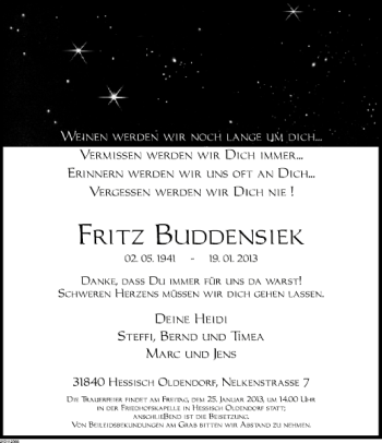 Traueranzeige von Fritz Buddensiek von Deister- und Weserzeitung