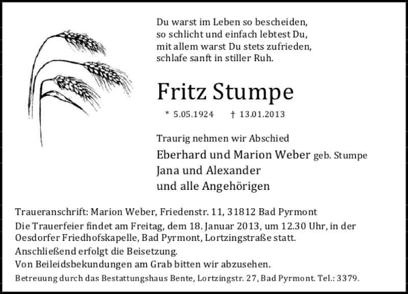  Traueranzeige für Fritz Stumpe vom 15.01.2013 aus Deister- und Weserzeitung