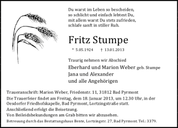 Traueranzeige von Fritz Stumpe von Deister- und Weserzeitung