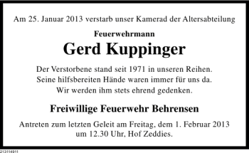 Traueranzeige von Gerd Kuppinger von Deister- und Weserzeitung