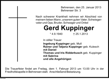 Traueranzeige von Gerd Kuppinger von Deister- und Weserzeitung