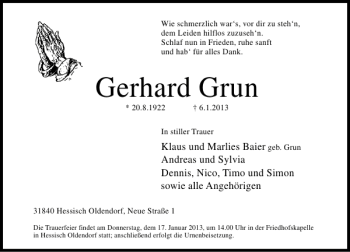 Traueranzeige von Gerhard Grun von Deister- und Weserzeitung