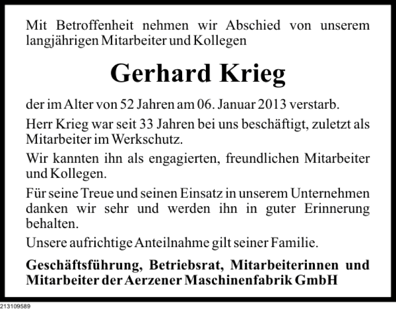  Traueranzeige für Gerhard Krieg vom 16.01.2013 aus Deister- und Weserzeitung