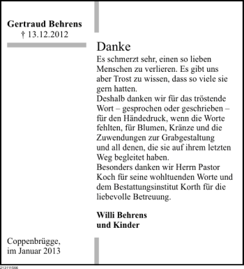 Traueranzeige von Gertraud Behrens von Deister- und Weserzeitung