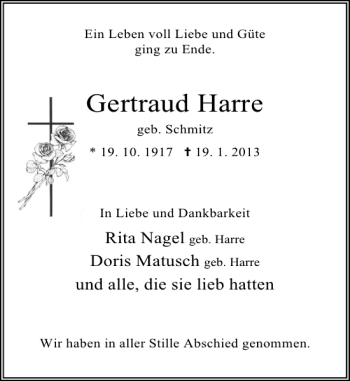 Traueranzeige von Gertraud Harre von Deister- und Weserzeitung