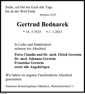 Traueranzeige von Gertrud Bednarek von Deister- und Weserzeitung